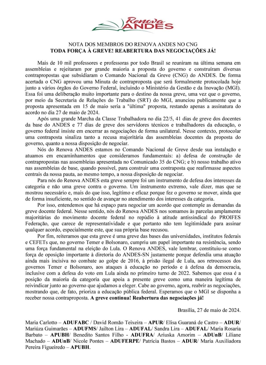 Nota dos membros do REENOVA ANDES no Comando Nacional de Greve